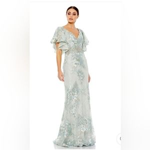 Mac Duggal Green Maxi Gown with Flutter Sleeves and V-Neck